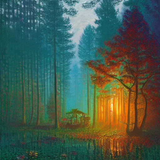 Prompt: A magical forest by Dan Mumford, Simon Stålenhag and Claude Monet