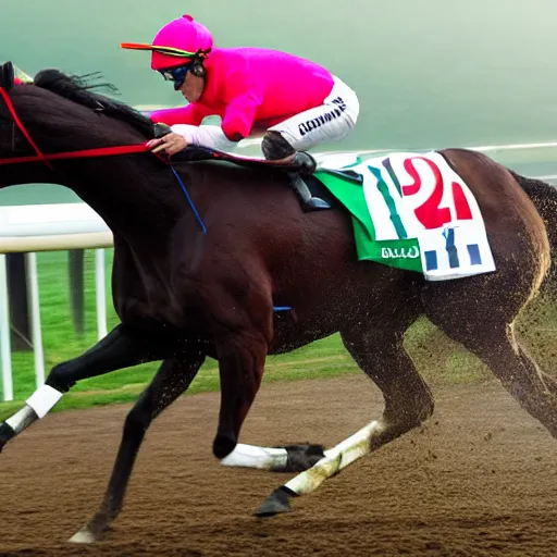 Image similar to close - up front view of a racing thoroughbred stallion ( with jockey in colorful outfit ) galloping extremely hard and emerging headfirst out of very dense ground fog to win a race at the track.