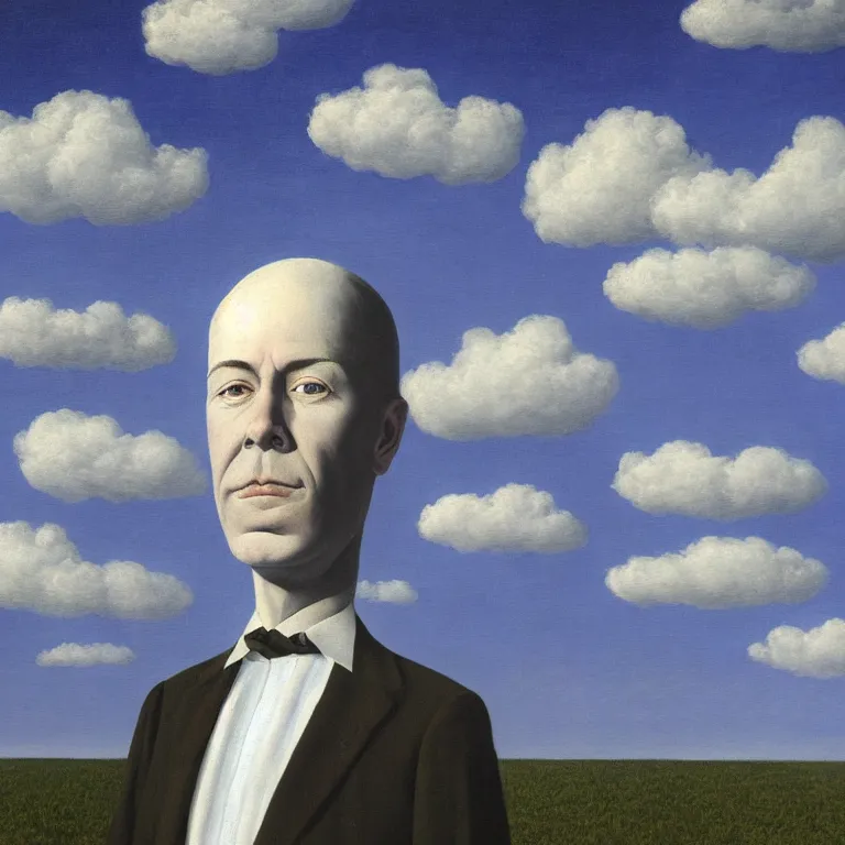 Prompt: portrait of a faceless shadow - head man with long messy fuzzy hair in a suit, clouds in the background, by rene magritte, detailed painting, distance, middle centered, hd, hq, high resolution, high detail, 4 k, 8 k