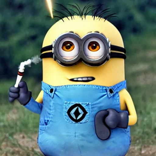 Image similar to photograph of minion from despicable me smoking a bong at woodstock, circa 1 9 6 9