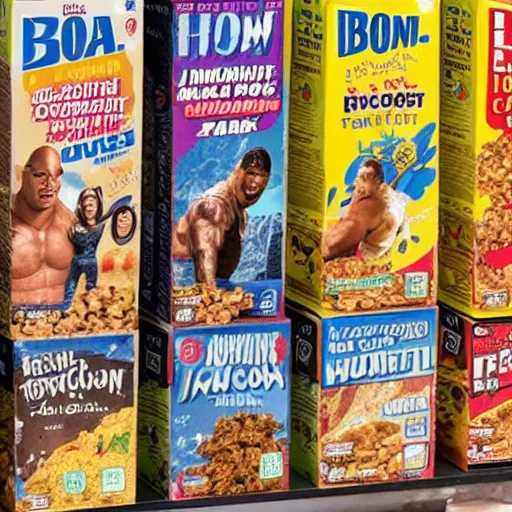 Image similar to dwayne the rock johnson breakfast cereal boxes on store shelf