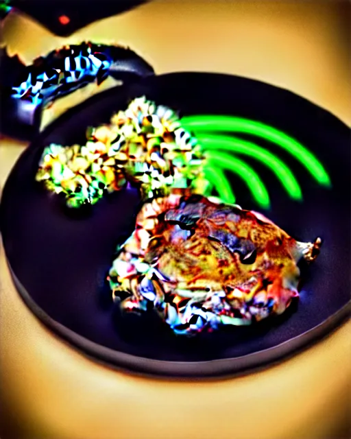 Image similar to porkchops and mashed potatos on the new razer gaming LED plate, HD, trending on artstation, instagram post, LED