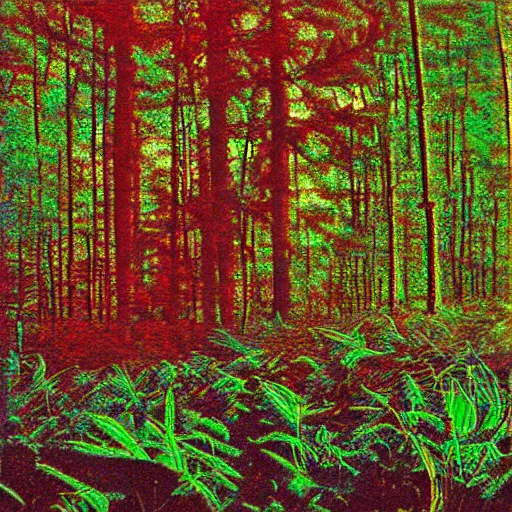 Prompt: analoge vintage photograph of a nature scene, Trippy lsd art, 70s color scheme, fractals, film grain, red color bleed