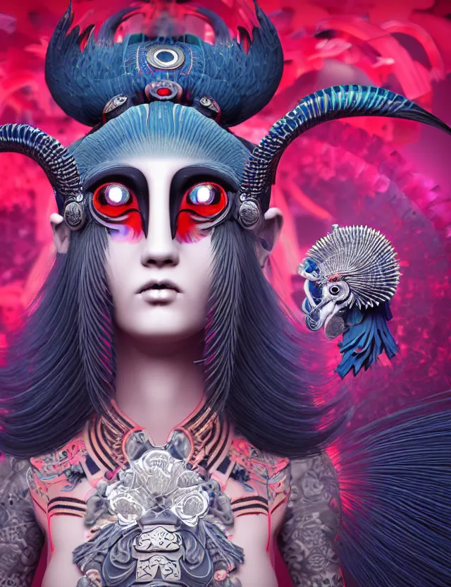 Image similar to 3 d goddess close - up profile simple portrait punk with mohawk with ram skull. beautiful intricately detailed japanese crow kitsune mask and clasical japanese kimono. betta fish, jellyfish phoenix, bio luminescent, plasma, ice, water, wind, creature, artwork by tooth wu and wlop and beeple and greg rutkowski