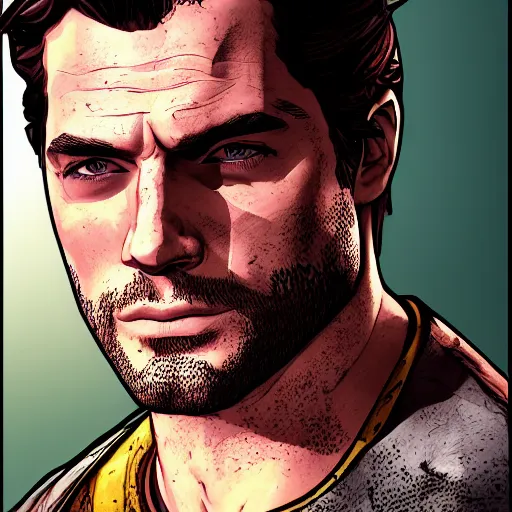 Image similar to henry cavill portrait, borderlands, tales from the borderlands, the wolf among us, comic, cinematic lighting, studio quality, 8 k