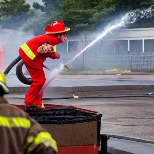 Image similar to a clown wearing firefighter clothes, using a flamethrower on a dumpster fire