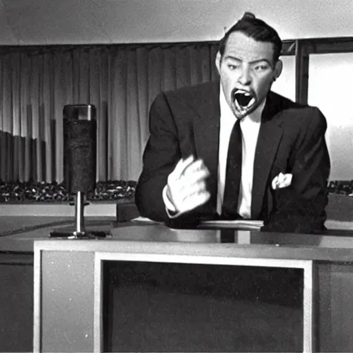 Image similar to 1 9 6 0's news show, a man in a vintage suit sitting behind a silver desk while being attacked by a giant man - eating tiger