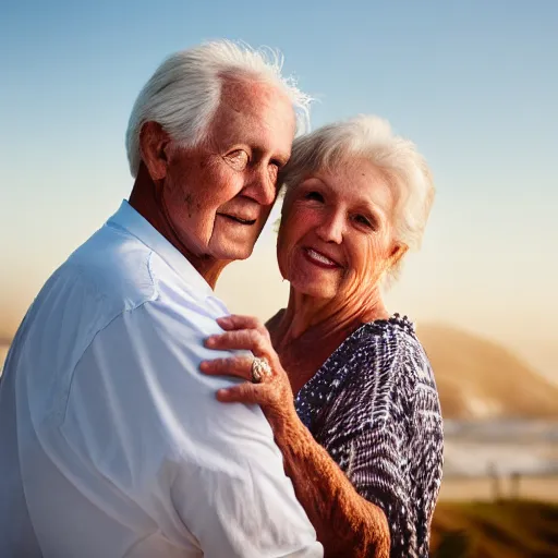 Image similar to a beautiful portrait photo of an older couple in love, beautiful detailed eyes, emotional, faded rainbow, golden hour in pismo California, outdoors, professional award winning portrait photography, Zeiss 150mm f/2.8