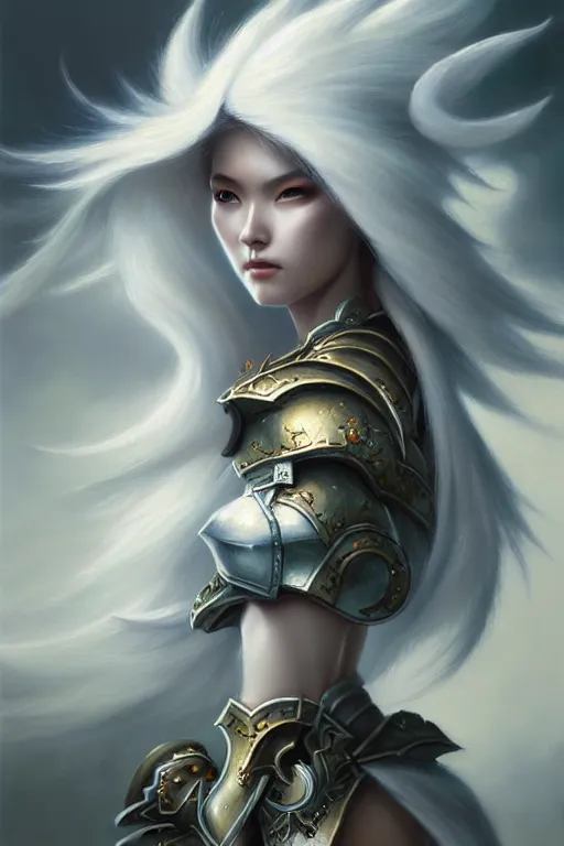 Image similar to oil painting, white, sakimi chan, fantasy armor, detailed face, walking, tony sart, wind, lightning, dramatic lighting