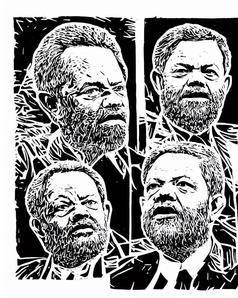 Image similar to a lifelike linocut engraving of a singular president lula. red, black and white color scheme