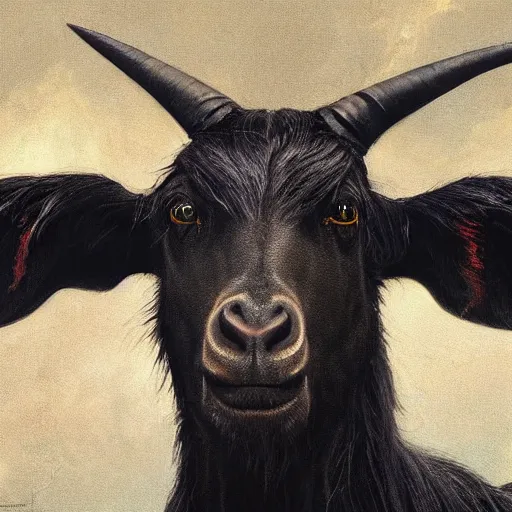 Image similar to thomas kincaid painting of black phillip, gothic horns from the movie the witch. dynamic lighting, masterpiece painting, barloe, octane render, cinematic trending