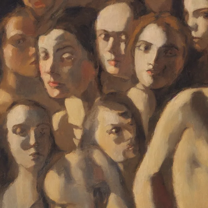 Image similar to group of people pictured in afternoon light, close - up of the faces, anatomically and proportionally correct, oil painting by dora maar and malcolm liepke, detailed