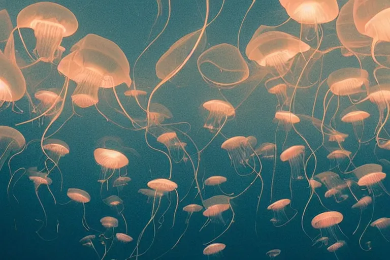 Image similar to “ translucent jellyfishes in the sky over a read ocean. ”