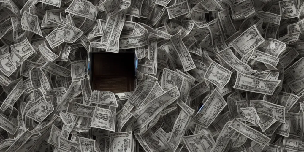 Image similar to a film still of cash money piling up in a vault, shallow depth of field, cinematic, award winning cgi, vfx, film still cfg _ scale : 2 4. 0