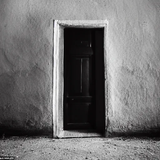 Prompt: An ominous photograph of the slightly opened door standing ajar, darkness behind it, dim lighting, nightmare, taken with Sony a7R camera