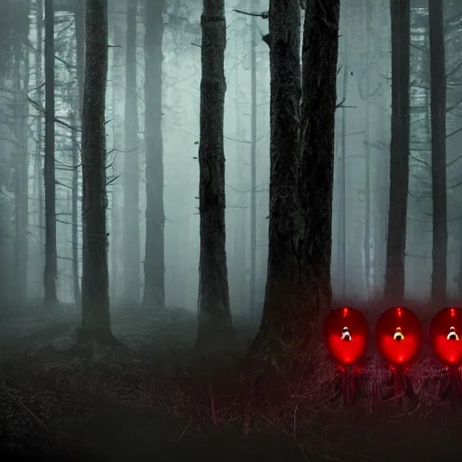 Image similar to An octane render of many pairs of red glowing eyes in a dark forest, extremely detailed, scary, horror, suspense, Unreal engine, 8k render, cinematic, dark, dreary