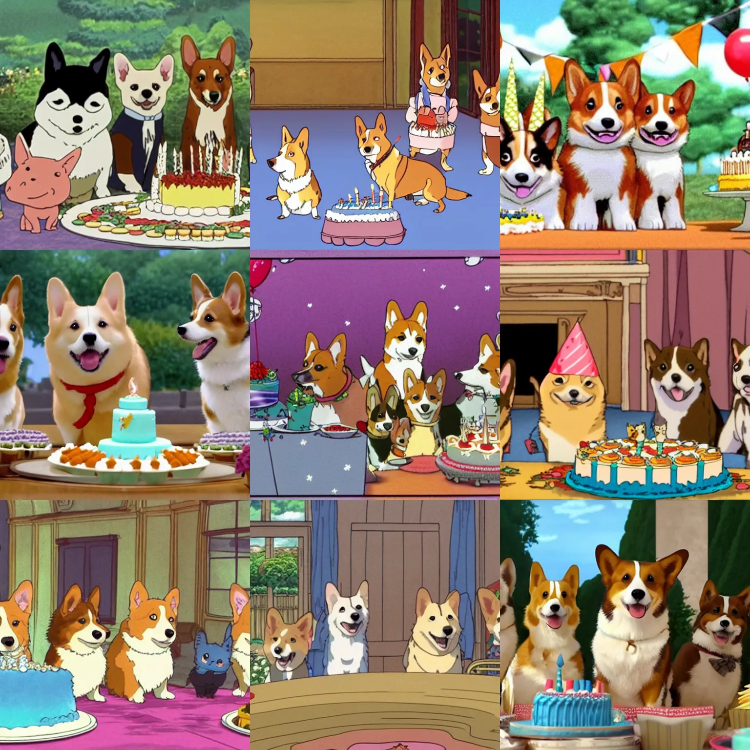 Prompt: screenshot movie still of corgis at a birthday celebration, in front of a fancy birthday cake, by studio ghibli, hayao miyazaki, hand drawn, highly detailed, classy