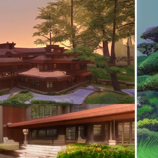 Prompt: Peaceful wooden mansion, unreal engine 5 tech demo, zillow interior, golden hour, living room, cozy, Frank Lloyd Wright ((Studio Ghibli))