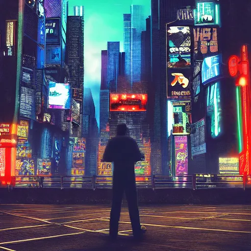 Image similar to An illustration of a cyberpunk world in New york, photorealistic, there's a man standing in front of new york, 8k, digital art