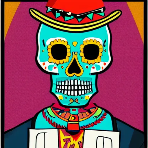 Image similar to manny calavera from grim fandango, game concept art, flat colours, bright colours, mexican day of the dead festival background by peter chan, artstation,