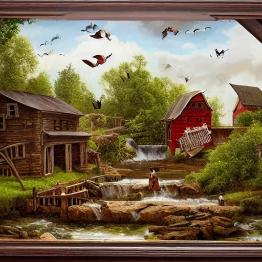Prompt: folk art, farmhouse with a waterwheel by a creek, farm animals and children playing in the yard, lowbrow, matte painting, 3 - d highly detailed, style of greg simkins