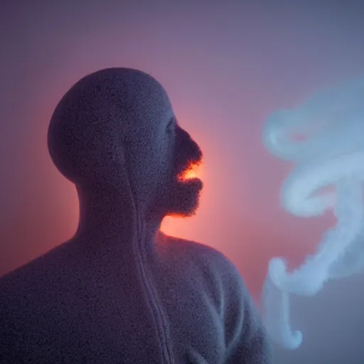 Image similar to side view of a man made of swirling smoke and tendrils of fog leaning against a wall, twilight colors, cinematic