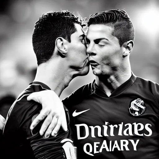 Image similar to christiano ronaldo crying while kissing leo messi's head. high definition. photography. high resolution