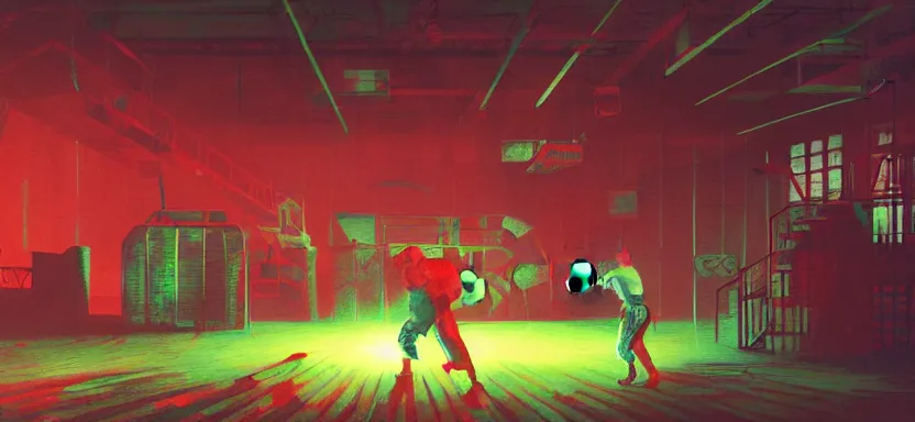 Image similar to handmade illustration of a violent boxing match in an industrial room, line art, octane render with volumetric lighting, architectural illustration by cedric peyraavernay, waste processing machinery, bladerunner, green and red radioactive swamp, by Remedios Varo and Anato Finnstark and Greg Rutkowski, dayglo pink, dayglo blue, dazzle camouflage, 8k, trending on ArtStation