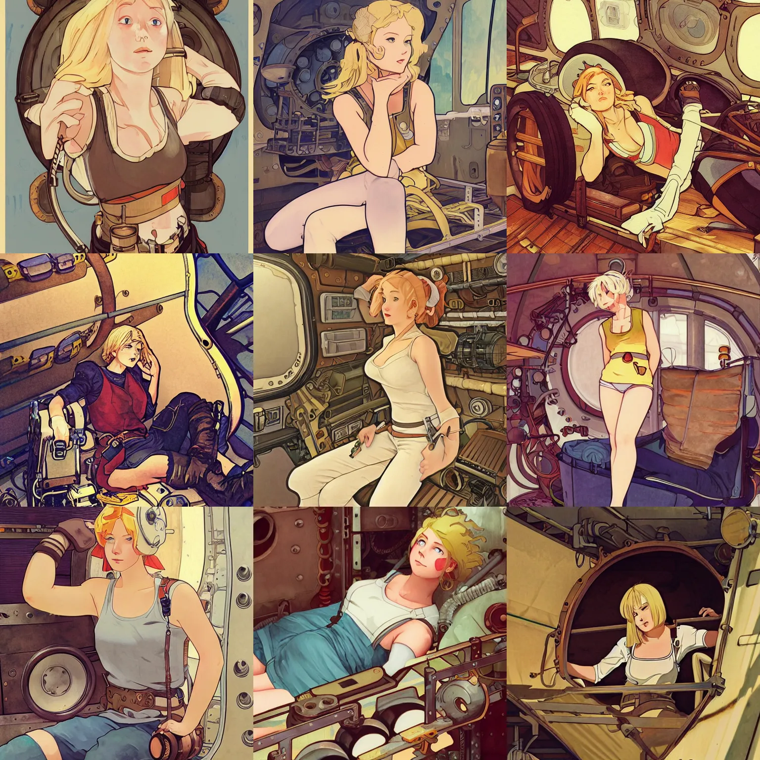 Prompt: Character portrait of a tank top-clad blonde female airship mechanic resting in her cramped bunk, steampunk, artstation, watercolour on canvas, concept art, by Studio Ghibli, by Ilya Kuvshinov and Alphonse Mucha