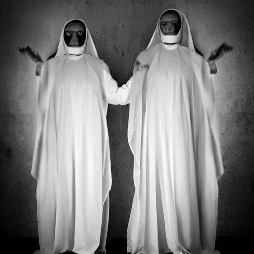 Image similar to nightmare vision, black and white, award winning photo, levitating twin nuns, wearing translucent sheet, in a sanctuary, eerie, frightening —width 1024 —height 1024