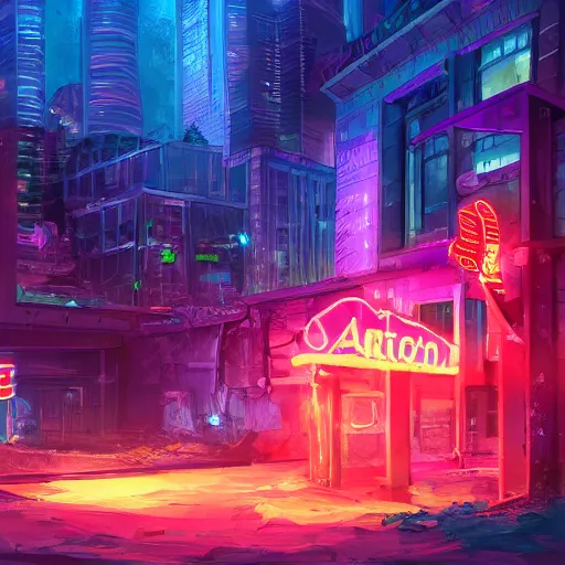 Image similar to an abandoned city with neon lights digital art trending on art station high quality