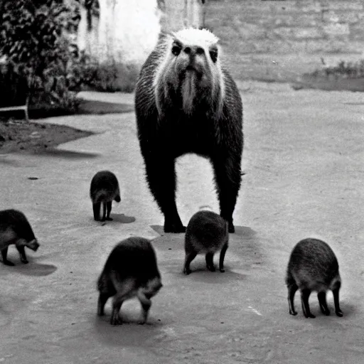 Image similar to Scared Karl Marx running away in panic from Capybara, photo, 1960