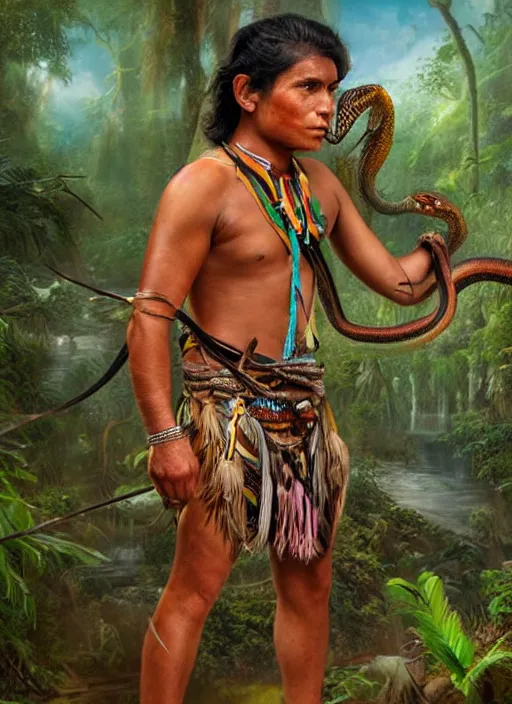 Prompt: a young indigenous amazon man facing a threatening snake, matte painting, ayahuasca, fantasy art