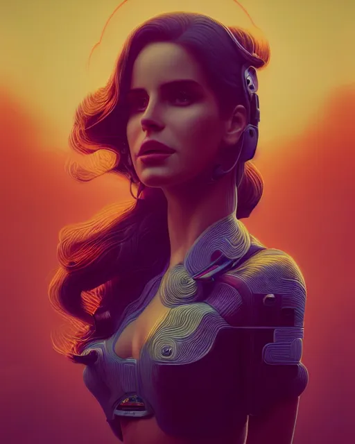 Prompt: portrait of lana del rey as a cyborg. intricate abstract. intricate artwork. by tooth wu, wlop, beeple, dan mumford. octane render, trending on artstation, greg rutkowski very coherent symmetrical artwork. cinematic, hyper realism, high detail, octane render, 8 k, iridescent accents