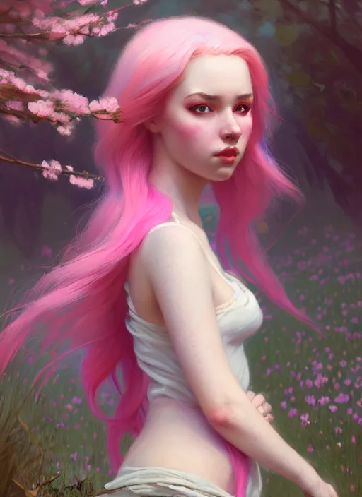 Image similar to whimsical young woman, beautiful girl, full body, pink hair, by a stream, realistic, serov, surikov, vasnetsov, repin, kramskoi, insanely detailed, charlie bowater, tom bagshaw, high resolution, octane rendered, unreal engine, illustration, trending on artstation, masterpiece, 8 k