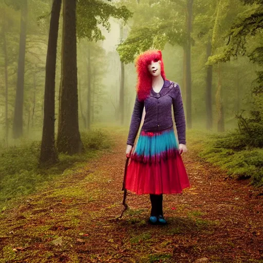 Image similar to a cottagecore witch, with strawberry hair, with teal clothes, in a foggy forest, hyper - realistic, 4 k, full body, vogue photoshoot