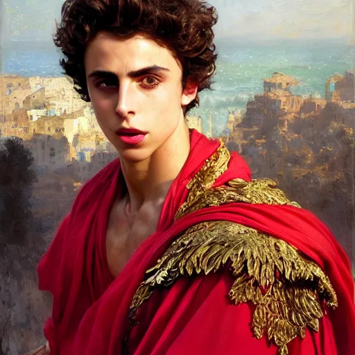 Image similar to detailed realistic cinematic wide shot of beautiful attractive muscular thimotee chalamet as roman empreror gold chain wearing royal red clothes slim face symettrical face clean skin black eyes black robe smooth, sharp focus, ultra realistic, spring light, painting by gaston bussiere, craig mullins, j. c. leyendecker