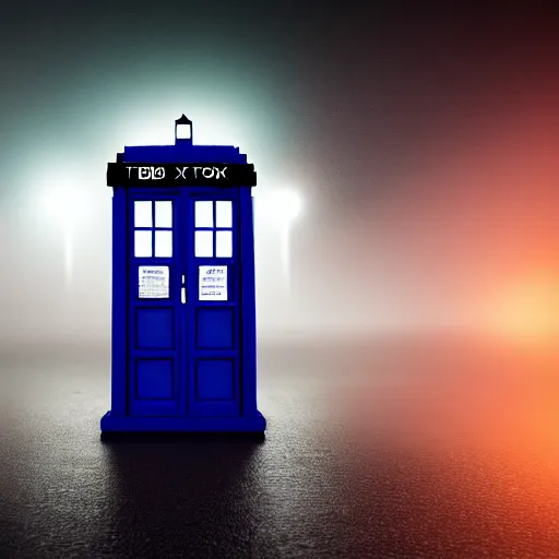 Image similar to a hyperdetailed photograph of the tardis sat on a futuristic street corner, night, dense fog, rain, hd, 8 k resolution