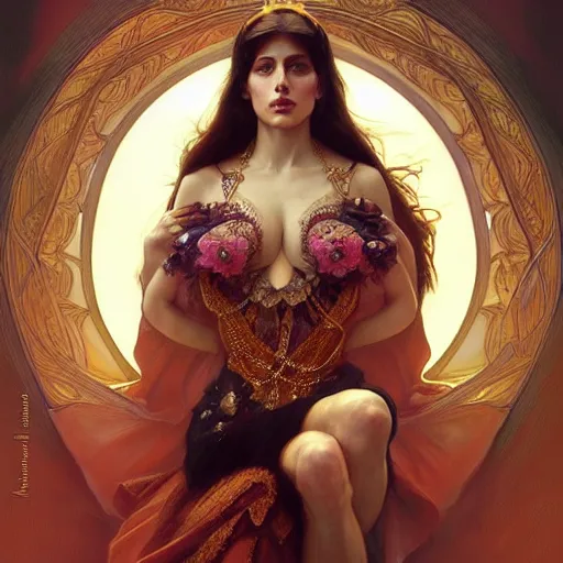 Image similar to beautiful portrait of mata hari, natural beauty expressive pose, fantasy, intricate, elegant, highly detailed, digital painting, artstation, concept art, smooth, sharp focus, illustration, art by artgerm and greg rutkowski and alphonse mucha