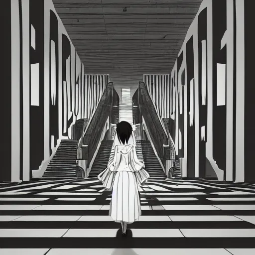 Image similar to a creepy woman walking through a bright white staircase with many doors and hallways, mc escher architecture, very detailed background, epic composition, anime key visual, anime style, by makoto shinkai