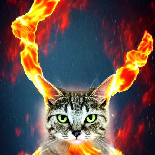 Prompt: evil cat with horns on its head sitting on a burning throne, the lord of hell, vast expanse of hell background, cat satan, highly detailed photo