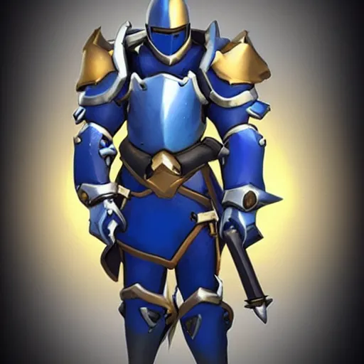 Prompt: overwatch character, medieval knight in blue gold armor