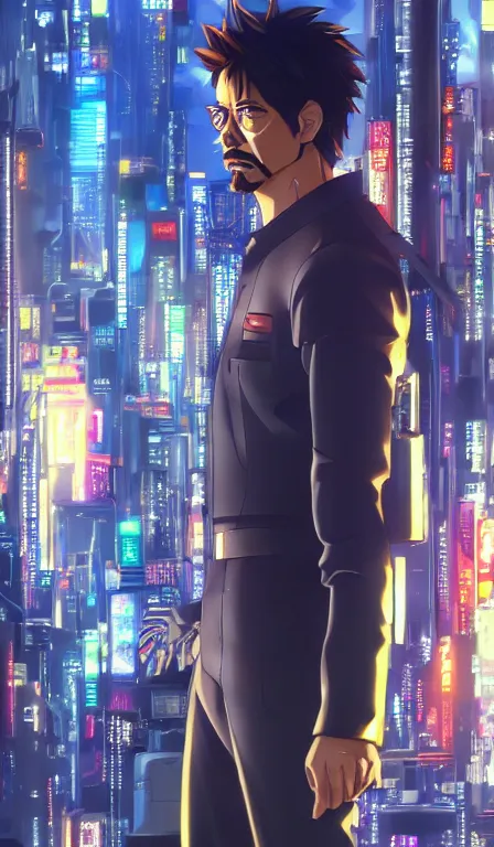 Prompt: anime fine details portrait of Tony Stark in front of cyberpunk moder city landscape on the background deep bokeh, close-up view, anime masterpiece by Studio Ghibli. 8k, sharp high quality anime, artstation