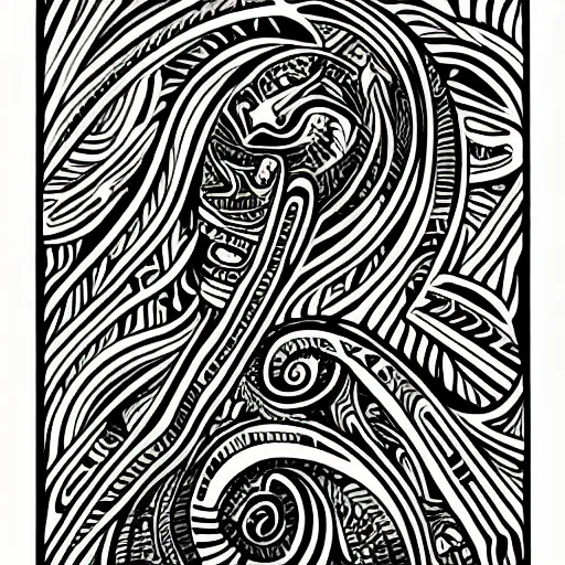 Prompt: a black and white line drawing of psychedelic maori tattoo design