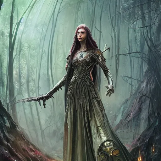 Image similar to Gorgeous Galadriel in armour standing in a fantastical machine forest, highly detailed, half fractal face, cinematic, 8k, by Stanley Artgermm, Tom Bagshaw, Greg Rutkowski, Carne Griffiths, Ayami Kojima, Beksinski, Giger, trending on DeviantArt, hyper detailed, full of color, digital art,