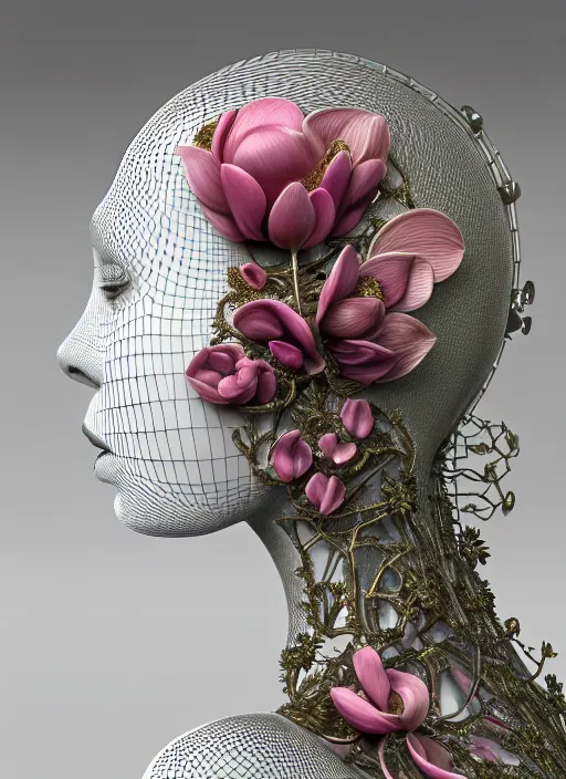 Image similar to complex 3d render ultra detailed of a beautiful porcelain profile woman face, mechanical vegetal cyborg, 150 mm, beautiful natural soft light, rim light, Alexander Mcqueen haute couture, silver gold details, surreal portrait, magnolia big leaves and stems, roots, fine foliage lace, mesh wire, intricate details, hyperrealistic, mandelbrot fractal, anatomical, red lips, silver metal armor, facial muscles, cable wires, microchip, elegant, white background, octane render, H.R. Giger style, 8k