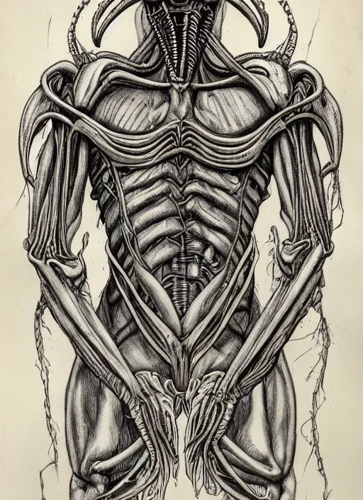 Image similar to full page scan of vintage anatomical drawing of Xenomorph, intricate details, faded colors, necronomicon style, illustration, intricate writing, symmetry, concept art