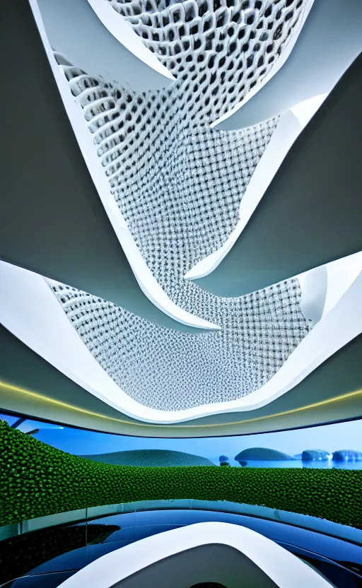 Prompt: villa parametric architecture fluid design, vincent callebaut well - defined style, ultra detailed, monochromatic, natural volumetric lighting, generative art nebula, cinematic, photo realistic, hyper real, surreal design, flow everywhere, walls made of crystal clear water, black metal, magnesium, 8 k,