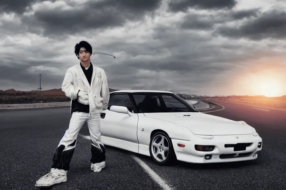 Prompt: aesthetic detailed illustration of ryosuke takahashi with black hair and white pants, standing by his white glossy mazda rx 7 on an empty highway at sunrise, cinematic lighting, initial d anime 1 0 8 0 p, detailed anime face, high detail, 9 0 s anime aesthetic, volumetric lights, rule of thirds, unreal engine 5 render, pinterest wallpaper, trending on artstation