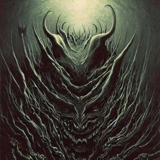 Image similar to shadowknight archfiend beksinski, eldritch, apocalypse, creepy creature, horror spooky